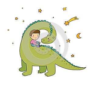 Cute little boy and funny dinosaur. The kid and the dragon