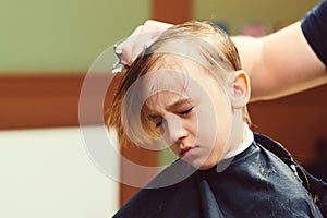 Cute little boy getting haircut by hairdresser at the barbershop. Barber man doing kid the hairstyle