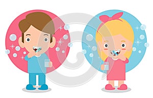 Cute Little boy and girl brushing her teeth, child caring for teeth, kid brushing her teeth,funny teeth icon Vector Illustration.