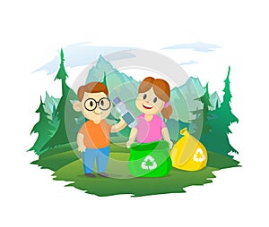 Cute little boy and girl collecting plastic garbage and segregating waste. Forest and mountain landscape in the