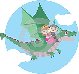 Cute Little Boy and Girl Flying on a Dragon Circle Design Isolated on White