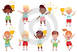 Cute Little Boy and Girl with Gold Medal and Cup as Achievement Award Vector Set