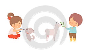 Cute Little Boy and Girl Interacting with Animal in Petting Zoo Vector Set