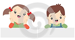 Cute Little Boy and Girl Kawaii Style With Banner Set Flat Vector Illustration Isolated on White