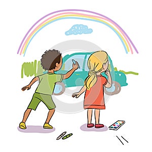 Cute little boy and girl painting wall with chalk