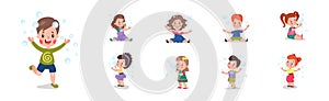 Cute Little Boy and Girl Playing and Blowing Soap Bubbles Vector Set