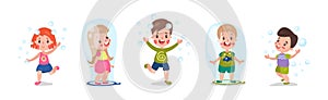 Cute Little Boy and Girl Playing and Blowing Soap Bubbles Vector Set