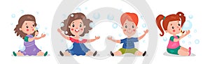 Cute Little Boy and Girl Playing and Blowing Soap Bubbles Vector Set