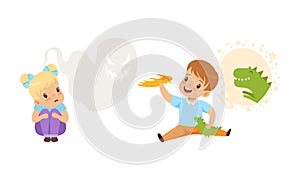 Cute Little Boy and Girl Reading Fairy Tale or Fantasy Book Imagining Ghost and Dinosaur Vector Set