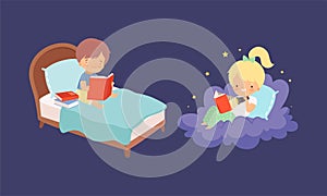 Cute Little Boy and Girl Sitting on Soft Cloud and Bed at Night and Reading Bedtime Story Vector Set
