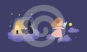 Cute Little Boy and Girl on Soft Cloud at Night and Reading Bedtime Story Vector Set