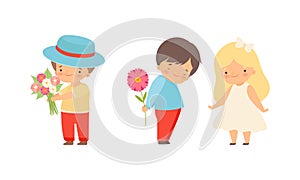 Cute Little Boy Giving Flower to Girl Expressing Congratulation Vector Set