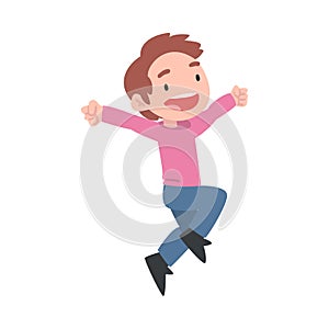 Cute Little Boy Happily Jumping, Happy Smiling Preschooler Kid Having Fun Dressed Casual Clothes Cartoon Style Vector