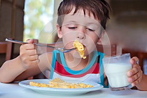 Cute little boy having delicious breakfast