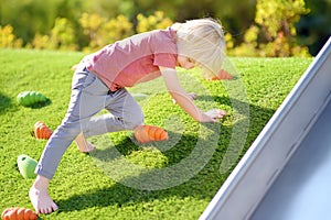 Cute little boy having fun in playground. Kid climbing on small grass slope