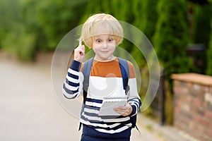 Cute little boy having idea and showing forefinger up. Insight concept. Child going to school after holiday. Education