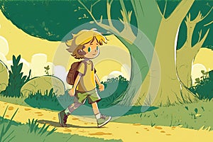 Cute little boy hiking in a forest, cartoon style. Generative AI