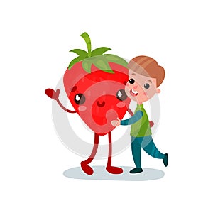 Cute little boy hugging giant strawberry character, best friends, healthy food for kids cartoon vector Illustration