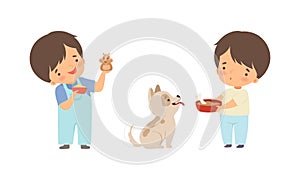 Cute Little Boy Interacting with Animal in Petting Zoo Vector Set