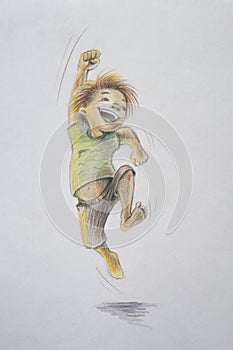 Cute little boy jumping with joy and laughter. Hand drawn with colored pencils illustration. photo