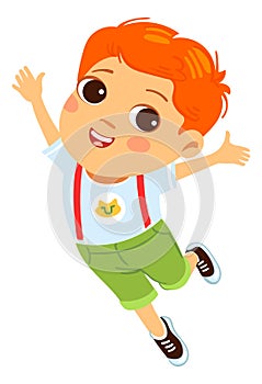 Cute little boy jumping. Smiling cartoon character celebrating