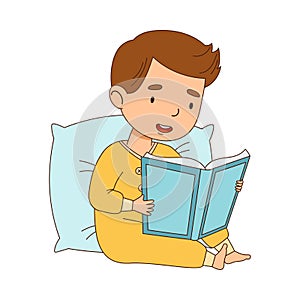Cute Little Boy Leaning on Pillow Reading Bedtime Story Vector Illustration