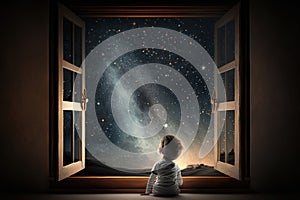 Cute little boy looking at night starry sky from the window