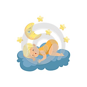 Cute little boy lying on cloud and sleeping under the Moon and stars, child resting at night, kids imagination and