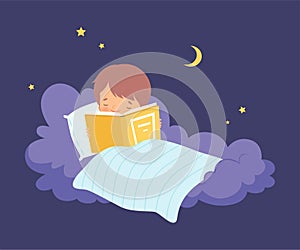 Cute Little Boy Lying on a Cloud under the Blanket and Reading a Book Vector Illustration