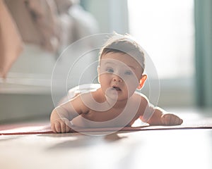 Cute little boy lying on his forearms on the floor.