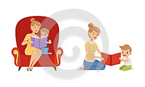 Cute Little Boy and Mother Sitting and Reading Fairy Tale or Fantasy Book Imagining Vector Set