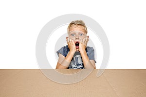 Cute little boy opening the biggest postal package