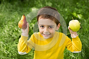 Cute little boy picking apples in a green grass background at sunny day. Healthy nutrition.