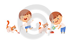 Cute little boy playing and feeding his kitten cartoon vector illustration