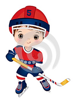 Cute Little Boy Playing Hockey. Vector Hockey Player