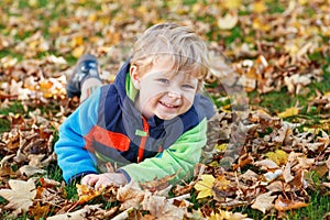 Cute little boy playing with maple leaves outdoors. Happy child walking in autumn park. Toddler baby boy wears trendy