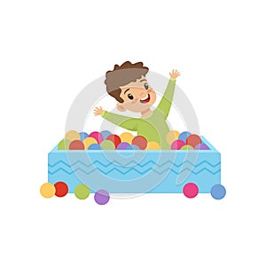 Cute little boy playing in pool with colorful balls vector Illustration on a white background