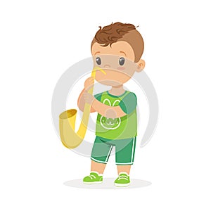 Cute little boy playing trumpet, young musician with toy musical instrument, musical education for kids cartoon vector