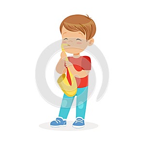 Cute little boy playing trumpet, young musician with toy musical instrument, musical education for kids cartoon vector