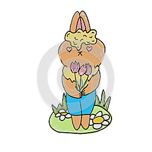 Cute little boy rabbit with flowers. Vector hand drawn cartoon illustration