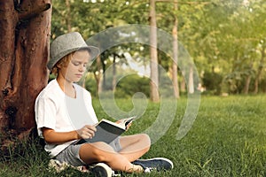 Cute little boy reading book on green grass near tree in park