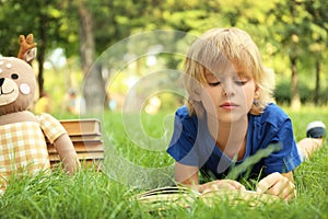 Cute little boy reading book on green grass in park