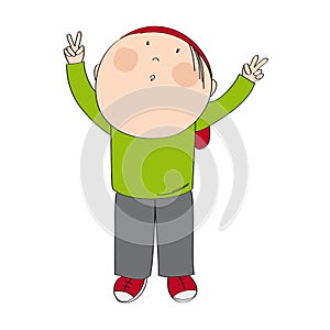 Cute little boy with red baseball cap making a victory sign with both his hands, looking up - original hand drawn illustration