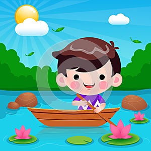 Cute Little Boy Riding On Boat At River