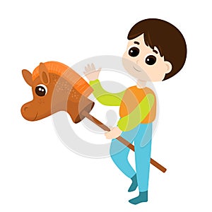 Cute little boy riding a toy horse. The child smiles and waves hello. Character design in childish cartoon style.