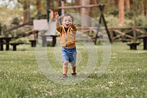 Cute little boy running on the grass in a park