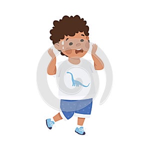 Cute little boy with scared face expression. Dark haired curly boy dressed white t-shirt and blue shorts cartoon vector