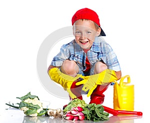 Cute little boy with scoop, fresh organic vegetables and watering can