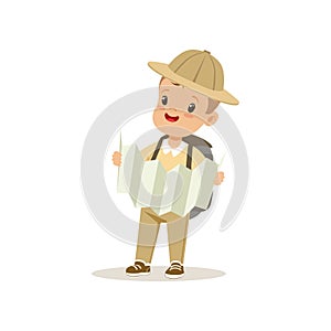 Cute little boy in scout costume with backpack orienteering with map, outdoor camp activity vector Illustration