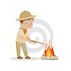 Cute little boy in scout costume frying his marshmallows on bonfire, outdoor camp activity vector Illustration